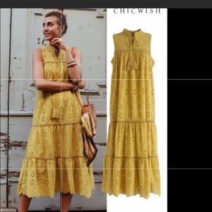 Chicwish yellow dress eyelet summer size small bohemian Victorian vintage style